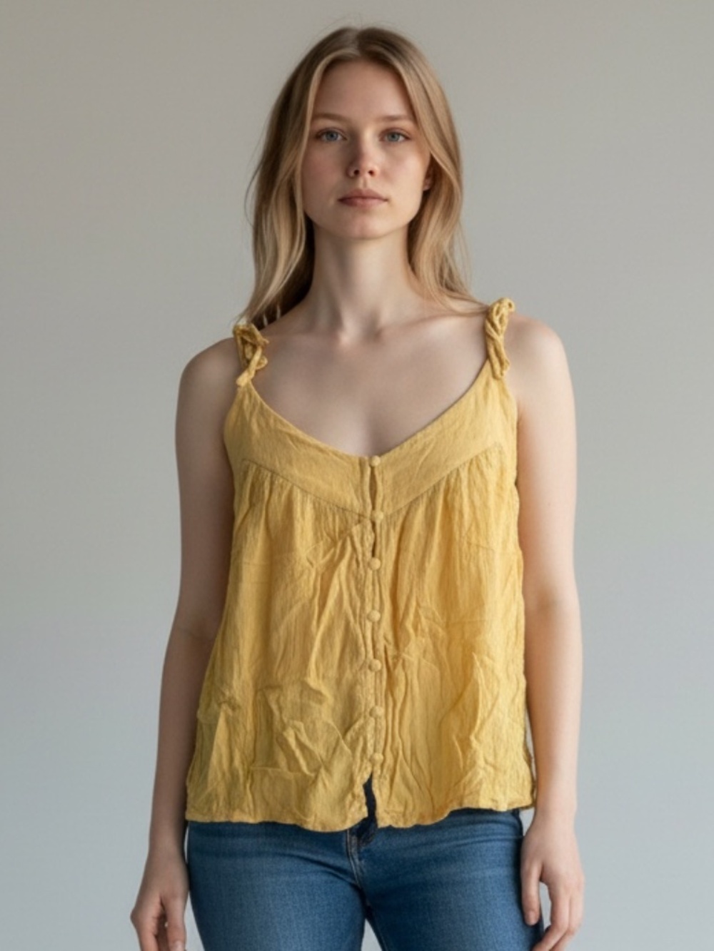 O’Neill Yellow Button Front Ruched Camisole Tank Top Size Large